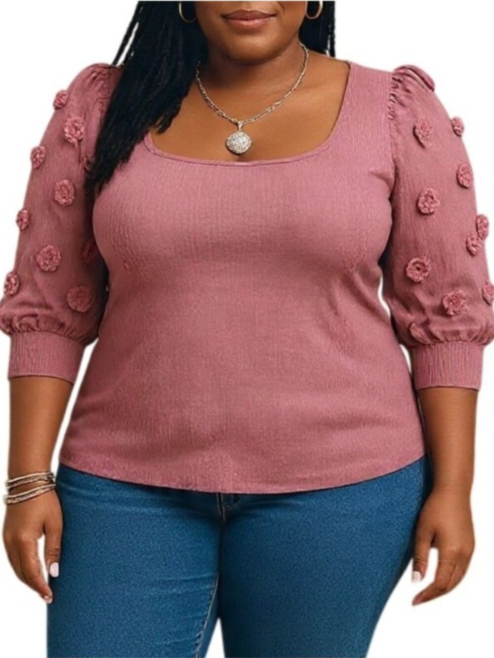 Cato Plus Size XL Knit Top Dusty Rose 3D Floral Mesh Puff Sleeves Scoop Neck